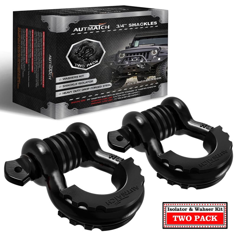AUTMATCH D Ring Shackle 3/4"" Shackles (2 Pack) 41 887Ibs Break Strength  Clevis Shackle with 7/8"" Screw Pin and Shackle Isolator Washers Kit for Tow Strap Winch Off Road Vehicle Recovery  Black - Image 1